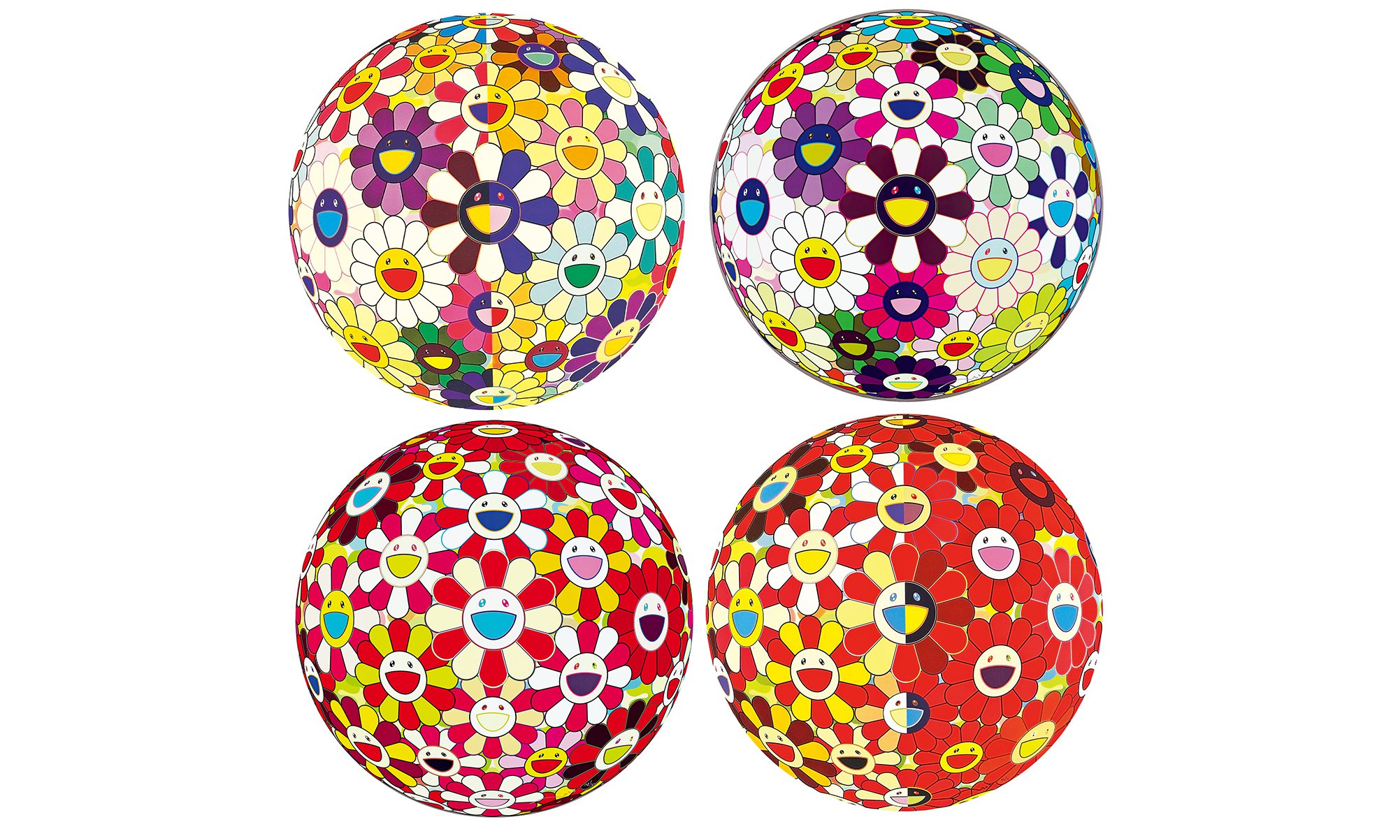 TAKASHI MURAKAMI2 - a.Flower Ball Red 3D From the realm of the dead b.Flower ball Brown c.Flower Ball Red 3D Goldfish d.Flower Ball Red 3D The Magic Flute